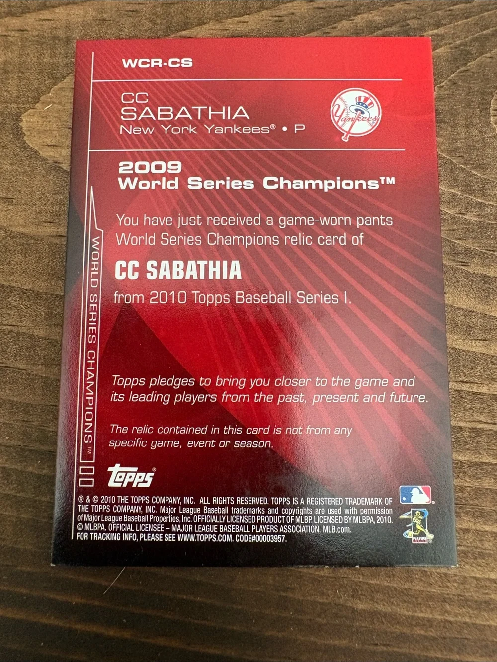 2010 Topps CC Sabathia Game Used World Series Jersey New York Yankees #rd 85/100
